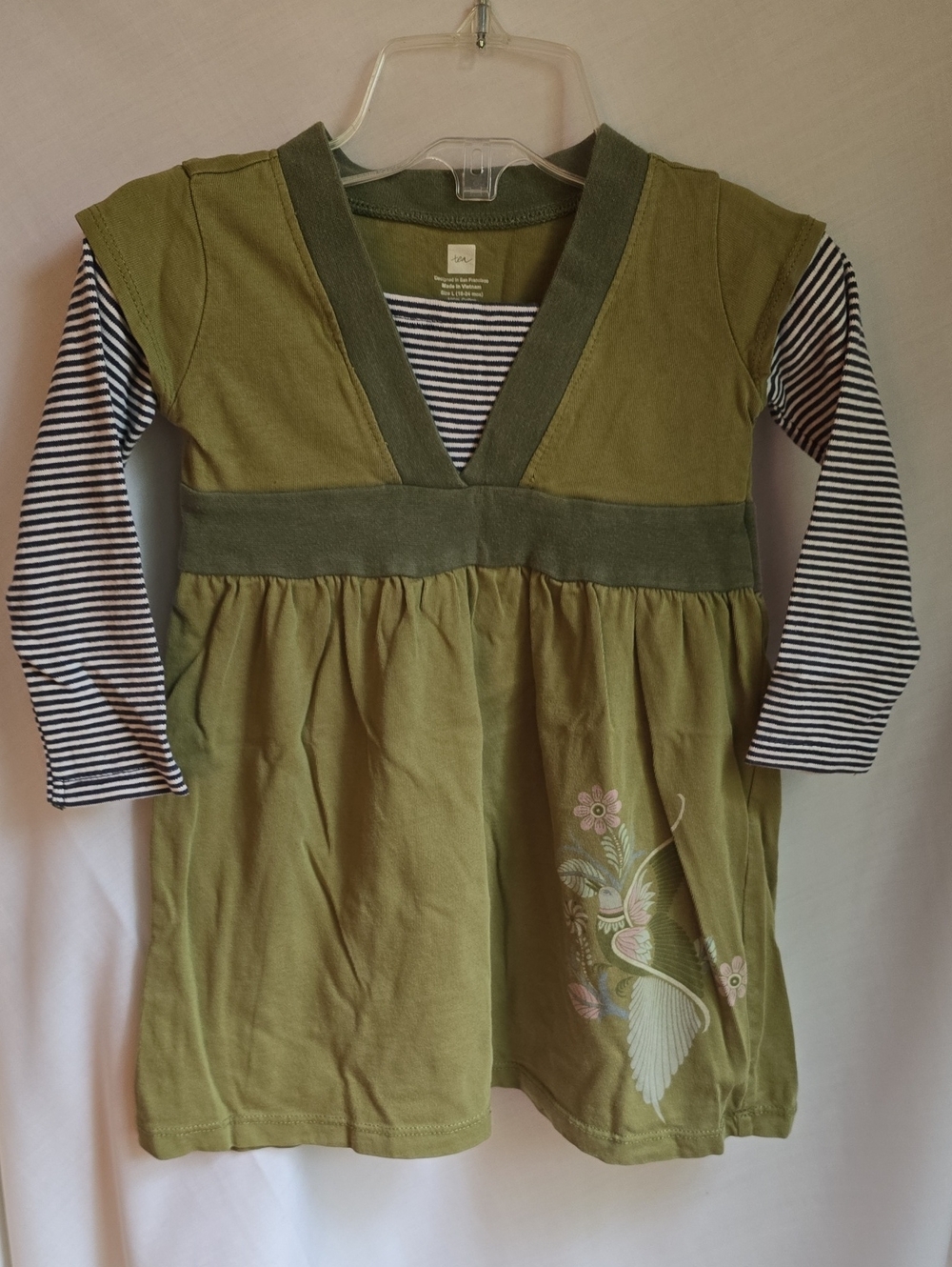 Tea Collection Olive Green Layered-Style Long Sleeve Dress with Stripes And Bird